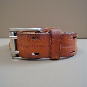 Vintage Fossil Leather Brown Two-Prong Perforated Belt Silver Buckle Size 85/34